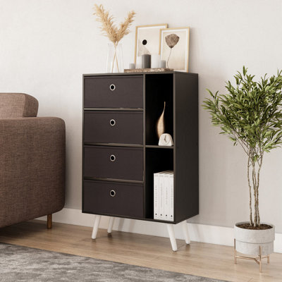 Urbn-Living Urbnliving 84Cm Height Black 6 Section Wooden Storage Bookcase With White Legs Black Drawers - image 1