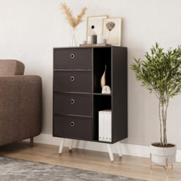 Urbn-Living Urbnliving 84Cm Height Black 6 Section Wooden Storage Bookcase With White Legs Black Drawers - thumbnail 1