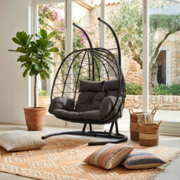 Living And Home Black 2-Seater Swing Hanging Egg Chair With Metal Stand, Foldable Hanging Chair, Outdoor & Indoor - thumbnail 1