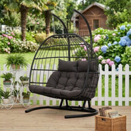 Living And Home Black 2-Seater Swing Hanging Egg Chair With Metal Stand, Foldable Hanging Chair, Outdoor & Indoor - thumbnail 2