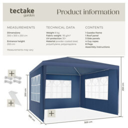 Tectake Gazebo Barinas With 3 Side Panels, Water-Resistant, 3X3M 300 X 300 X 250 Cm - Blue - thumbnail 6