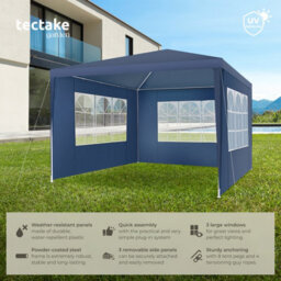 Tectake Gazebo Barinas With 3 Side Panels, Water-Resistant, 3X3M 300 X 300 X 250 Cm - Blue - thumbnail 2