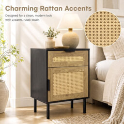 Costway Rattan Nightstand Boho Bedside Table End Table With Drawer - thumbnail 5