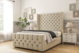 "Sloomy Luthor Cream Plush Bed Frame With Mattress With 50""  Upholstered Wingback Headboard 4'6 Double" - thumbnail 2