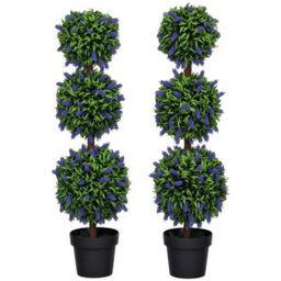 Set Of 2 Potted Artificial Plants Ball Tree With Lavender Flowers - thumbnail 1