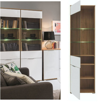 Impact Furniture Glass Display Cabinet Leds Tall Slim Shelving Unit White Gloss Oak Effect Zele - image 1