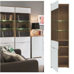 Impact Furniture Glass Display Cabinet Leds Tall Slim Shelving Unit White Gloss Oak Effect Zele