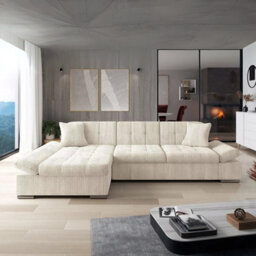 Malwi Left Hand Corner Sofa Bed With Storage Modern Cream Corduroy Design With Pullout  Guest Bed - thumbnail 2