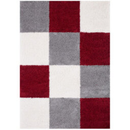 The Rugs Red Grey And Ivory Soft Checkerboard Design Fluffy Shaggy Rugs And Runners High Pile Living Room Kitchen Hallway 381 - thumbnail 1
