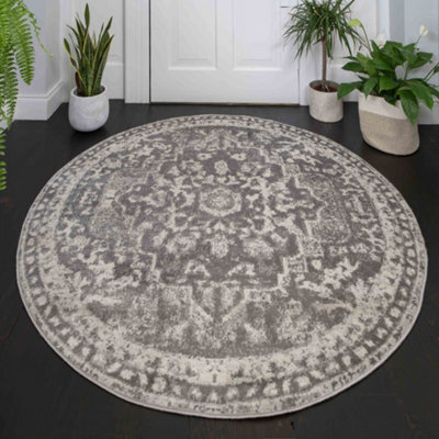 Loomed Silver Grey Traditional Medallion Bordered Round Circlular Rug 120Cm Diameter - image 1