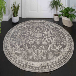 Loomed Silver Grey Traditional Medallion Bordered Round Circlular Rug 120Cm Diameter - thumbnail 1