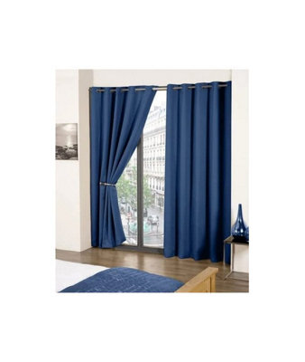 Navy Woven Thermal Blackout Eyelet Curtains 90 Inch Width X 90 Inch Drop