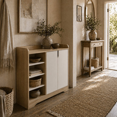 Wyld Haus Nopaba Shoe Cabinet Natural And White - Double Doors With Open Shelves, 13-Pair Capacity, 80W X 30D X 80H Cm - image 1