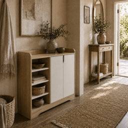 Wyld Haus Nopaba Shoe Cabinet Natural And White - Double Doors With Open Shelves, 13-Pair Capacity, 80W X 30D X 80H Cm - thumbnail 1