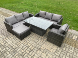 Fimous 8 Seater Outdoor Rattan Garden Furniture Sets Height Adjustable Rising Lifting Dining Table Sofa Set With Reclining Chair - thumbnail 1