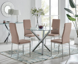 Furniturebox Uk Selina Chrome Round Glass Dining Table And 4 Cappuccino Beige Milan Dining Chairs
