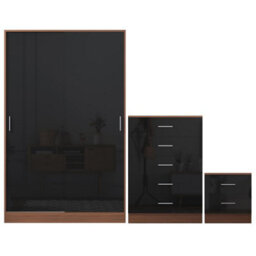 Reflect 2 Door Sliding Wardrobe, 5 Drawer Chest, 2 Drawer Bedside - Black Gloss & Walnut - Modern Bedroom Furniture Set - thumbnail 6