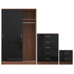 Reflect 2 Door Sliding Wardrobe, 5 Drawer Chest, 2 Drawer Bedside - Black Gloss & Walnut - Modern Bedroom Furniture Set - thumbnail 7
