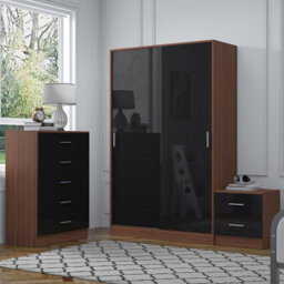 Reflect 2 Door Sliding Wardrobe, 5 Drawer Chest, 2 Drawer Bedside - Black Gloss & Walnut - Modern Bedroom Furniture Set - thumbnail 2
