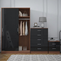 Reflect 2 Door Sliding Wardrobe, 5 Drawer Chest, 2 Drawer Bedside - Black Gloss & Walnut - Modern Bedroom Furniture Set - thumbnail 3