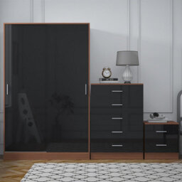 Reflect 2 Door Sliding Wardrobe, 5 Drawer Chest, 2 Drawer Bedside - Black Gloss & Walnut - Modern Bedroom Furniture Set - thumbnail 4