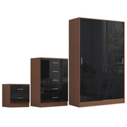 Reflect 2 Door Sliding Wardrobe, 5 Drawer Chest, 2 Drawer Bedside - Black Gloss & Walnut - Modern Bedroom Furniture Set - thumbnail 5