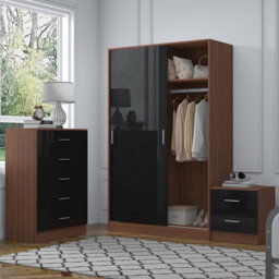 Reflect 2 Door Sliding Wardrobe, 5 Drawer Chest, 2 Drawer Bedside - Black Gloss & Walnut - Modern Bedroom Furniture Set