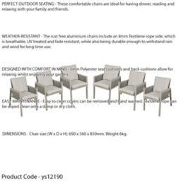 Loops 6 Pack Garden Dining Chairs & Armrests - Light Grey Aluminium & Rope - Outdoor - thumbnail 2