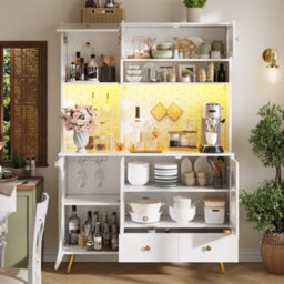 Btm 120Cm Tall Kitchen Cabinet With Led Lights Usb Ports Drawer Glass Shelves White - thumbnail 2