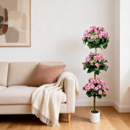 London Boutique Artificial Geranium Tree 150 Cm, Faux Flower Topiary Plant, Three Ball Design, Uv Resistant, Pink Plant In Pot - thumbnail 3