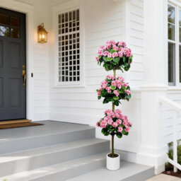 London Boutique Artificial Geranium Tree 150 Cm, Faux Flower Topiary Plant, Three Ball Design, Uv Resistant, Pink Plant In Pot - thumbnail 2