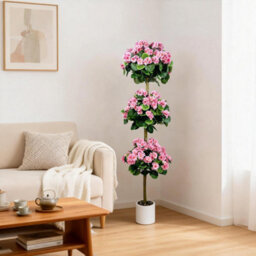 London Boutique Artificial Geranium Tree 150 Cm, Faux Flower Topiary Plant, Three Ball Design, Uv Resistant, Pink Plant In Pot - thumbnail 7