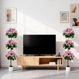 London Boutique Artificial Geranium Tree 150 Cm, Faux Flower Topiary Plant, Three Ball Design, Uv Resistant, Pink Plant In Pot - thumbnail 5
