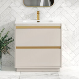 Royal Bathrooms Orion 800mm Warm Taupe 2 Drawer Floor Standing Vanity Unit With Ceramic Basin & Brushed Brass Strip