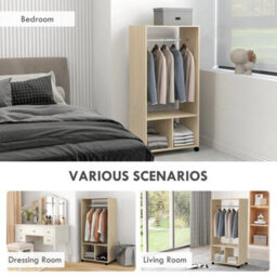 Mobile Open Wardrobe Clothes Rail Storage Shelves Bedroom Natural - thumbnail 4