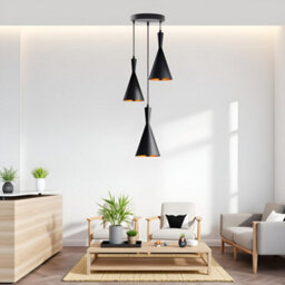 3 Way Pendant Light E27 Base 19Cm Black Metal Lightshade 95Cm Height Adjustable Ceiling Hanging Lamp For Indoor - thumbnail 4