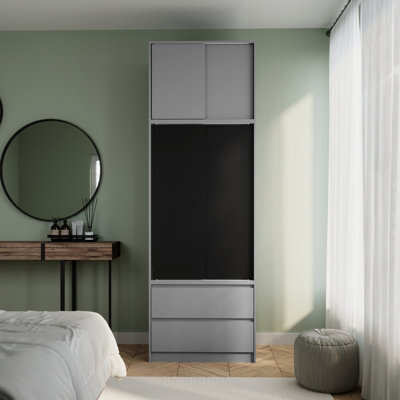Urbn-Living Urbnliving 240Cm Height Grey Carcass With 2 Sliding Black Doors Wardrobe Bedroom Storage Closet Hanging Rail Cupboard Unit - image 1