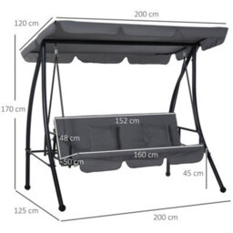 Outsunny 2-In-1 Swing Chair 3 Seater Hammock Cushion Bed Tilt Canopy Grey - thumbnail 3