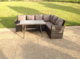 Fimous High Back Dark Grey Mixed Outdoor Garden Furniture Rattan Corner Sofa Dining Set Table 6 Seater - thumbnail 4