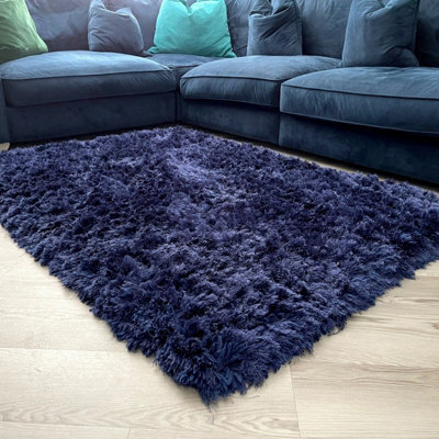 Navy Plain Shaggy Handmade Luxurious Sparkle Rug Easy To Clean Living Room And Bedroom-80Cm X 150Cm