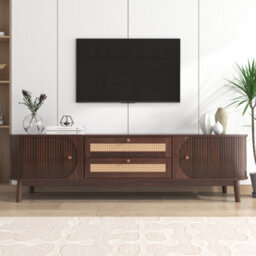 Btm Tv Cabinet Natural Walnut Color Mixed Panel With Doors And Drawers Rattan Storage Country Style Unit - thumbnail 7