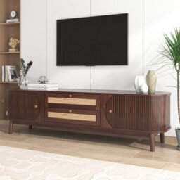 Btm Tv Cabinet Natural Walnut Color Mixed Panel With Doors And Drawers Rattan Storage Country Style Unit - thumbnail 5