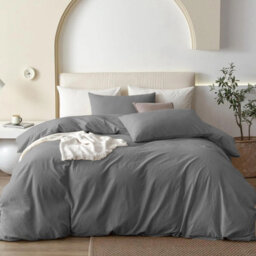 Oxford Homeware Grey King Plain Dyed Duvet Cover, Fitted Sheet & Pillowcases Set 4 Piece Bed Sets - thumbnail 1