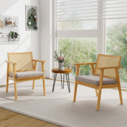 Gainoom Set Of 2 Wooden Natural Accent Chair Modern Upholstered Arm Chair Reading Leisure Chair - thumbnail 3
