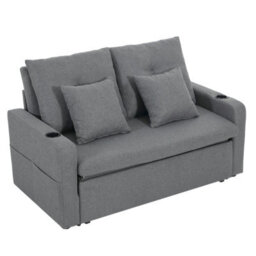 Darphe Modern Grey Linen Sofa Bed With Pull-Out Sleeper, 2-Seater Convertible Couch With Cup Holders And Pillows - thumbnail 1