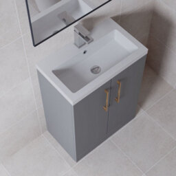 Balterley Bramshall Compact Bathroom Cloakroom Vanity Basin Unit With Polymarble Basin, Brushed Bronze Handles, 600mm, Satin Grey - thumbnail 2