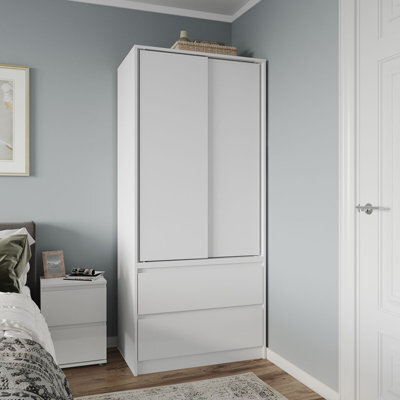 Urbn-Living Urbnliving 2 Sliding Doors Wardrobe 2 Drawer Bedroom Clothes Hanging Rail White Carcass With White Doors Storage Cupboard - image 1