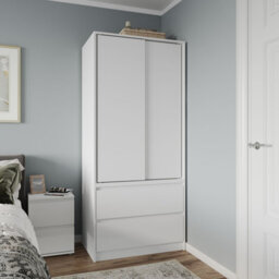 Urbn-Living Urbnliving 2 Sliding Doors Wardrobe 2 Drawer Bedroom Clothes Hanging Rail White Carcass With White Doors Storage Cupboard - thumbnail 1
