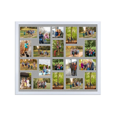 AK Frames 80X70Cm White Classic Multi Photo Frame With Silver Mount - Holds 20 Apertures (18X) 6X4, (2X) 4X4 Photos - image 1