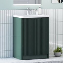 Royal Bathrooms Avenza 600mm Fluted Floor Standing Vanity Unit Deep Moss Green 2 Door Storage Cabinet With Ceramic Basin - thumbnail 6
